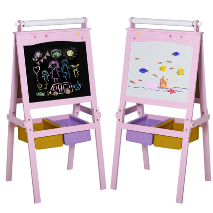3 In 1 Kids Wooden Art Easel with Double-Sided Chalkboard, Whiteboard & Paper Roll with Storage Baskets - Pink
