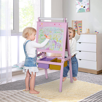 3 In 1 Kids Wooden Art Easel with Double-Sided Chalkboard, Whiteboard & Paper Roll with Storage Baskets - Pink