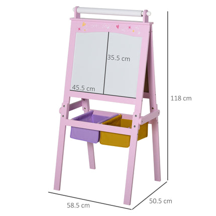 3 In 1 Kids Wooden Art Easel with Double-Sided Chalkboard, Whiteboard & Paper Roll with Storage Baskets - Pink