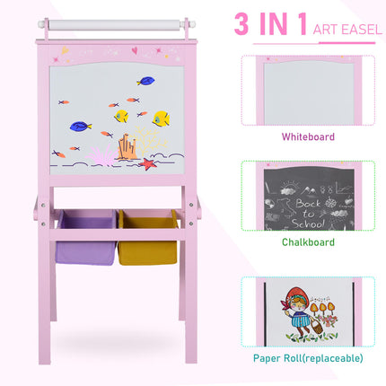 3 In 1 Kids Wooden Art Easel with Double-Sided Chalkboard, Whiteboard & Paper Roll with Storage Baskets - Pink
