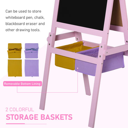3 In 1 Kids Wooden Art Easel with Double-Sided Chalkboard, Whiteboard & Paper Roll with Storage Baskets - Pink