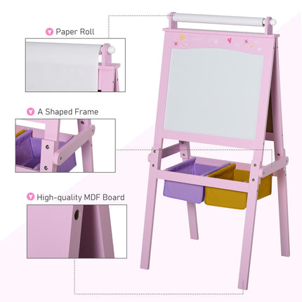 3 In 1 Kids Wooden Art Easel with Double-Sided Chalkboard, Whiteboard & Paper Roll with Storage Baskets - Pink