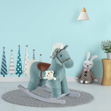 Baby Wooden Plush Rocking Horse with Realistic Sounds Ride-On Toy for 18-36 Months - Blue