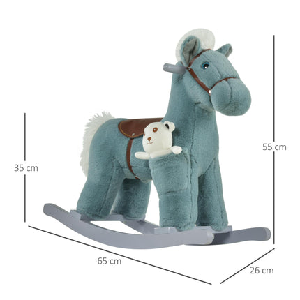 Baby Wooden Plush Rocking Horse with Realistic Sounds Ride-On Toy for 18-36 Months - Blue