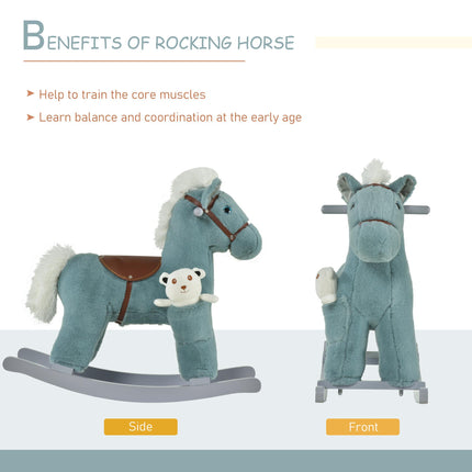 Baby Wooden Plush Rocking Horse with Realistic Sounds Ride-On Toy for 18-36 Months - Blue