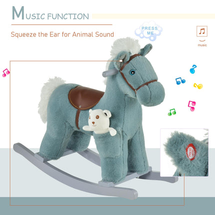 Baby Wooden Plush Rocking Horse with Realistic Sounds Ride-On Toy for 18-36 Months - Blue