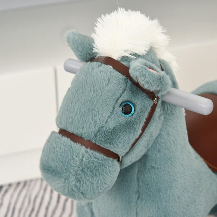 Baby Wooden Plush Rocking Horse with Realistic Sounds Ride-On Toy for 18-36 Months - Blue