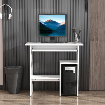 Modern Corner Office Desk with Keyboard Tray and Storage Shelf - White