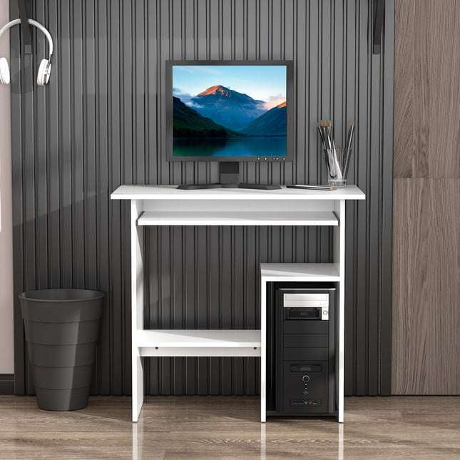 Modern Corner Office Desk with Keyboard Tray and Storage Shelf - White