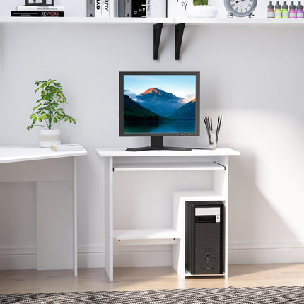 Modern Corner Office Desk with Keyboard Tray and Storage Shelf - White