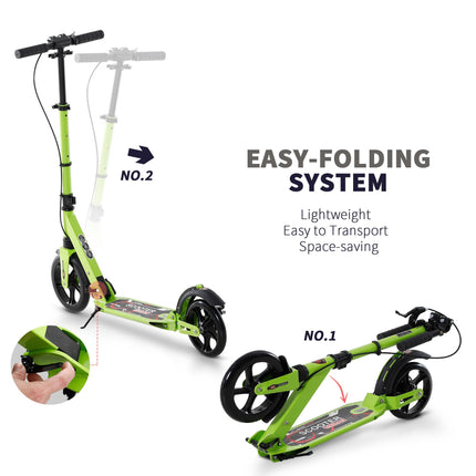 Foldable Adjustable Teens Adult Kick Scooter with Dual Brake & Shock Mitigation System - Green