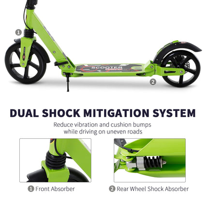 Foldable Adjustable Teens Adult Kick Scooter with Dual Brake & Shock Mitigation System - Green