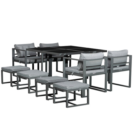 9 Piece Cushioned Patio Dining Set with Storage Ottomans - Grey