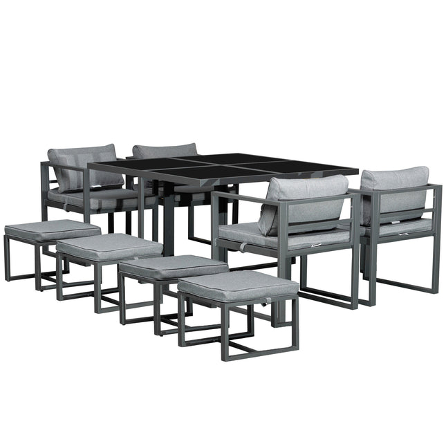 9 Piece Cushioned Patio Dining Set with Storage Ottomans - Grey