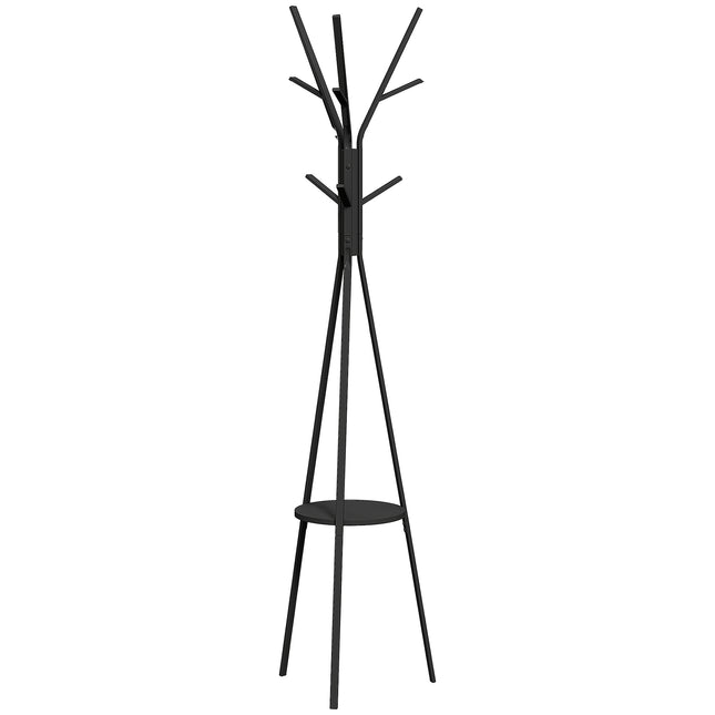 180cm Free Standing Metal Coat Rack Stand with 9 Hooks and Shelf - Black