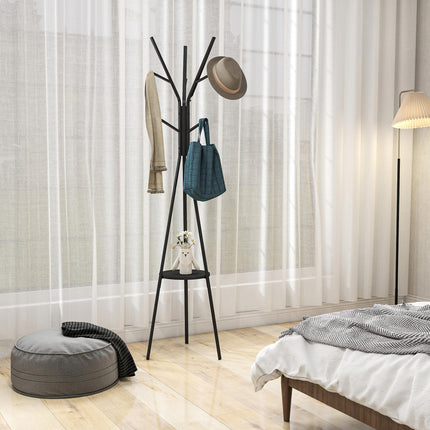180cm Free Standing Metal Coat Rack Stand with 9 Hooks and Shelf - Black