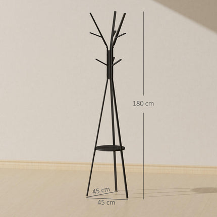 180cm Free Standing Metal Coat Rack Stand with 9 Hooks and Shelf - Black