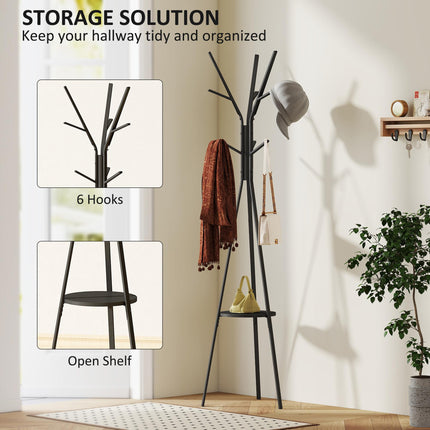 180cm Free Standing Metal Coat Rack Stand with 9 Hooks and Shelf - Black