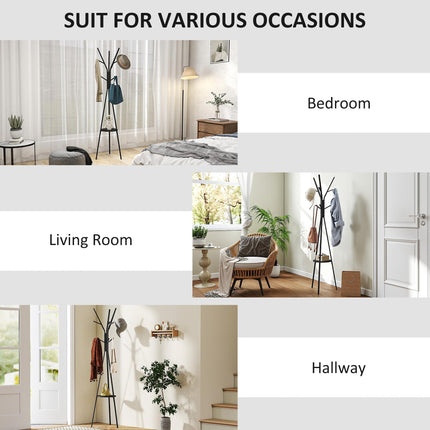 180cm Free Standing Metal Coat Rack Stand with 9 Hooks and Shelf - Black