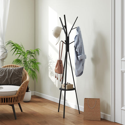 180cm Free Standing Metal Coat Rack Stand with 9 Hooks and Shelf - Black