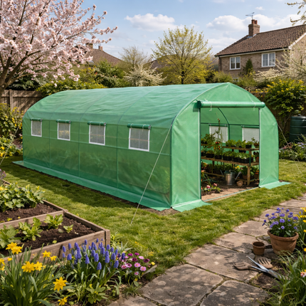 6 x 3 Metre Walk-In Garden Polytunnel Greenhouse with Metal Frame - Green
