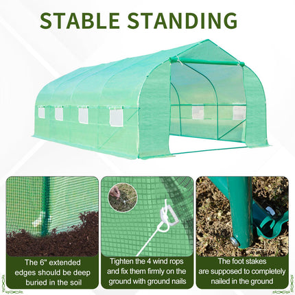 6 x 3 Metre Walk-In Garden Polytunnel Greenhouse with Metal Frame - Green