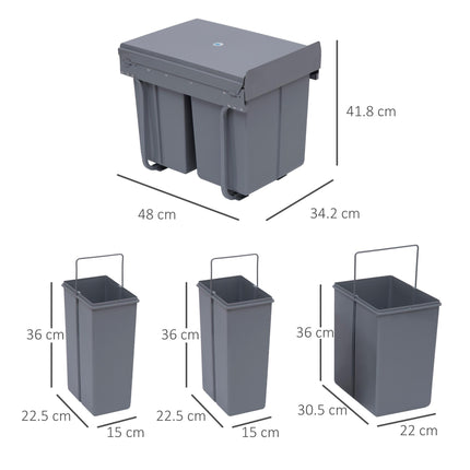 Kitchen Pull Out Soft Close Recycle Waste Bin 40L (1x20L+2x10L) - Grey