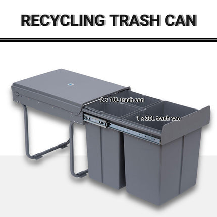 Kitchen Pull Out Soft Close Recycle Waste Bin 40L (1x20L+2x10L) - Grey