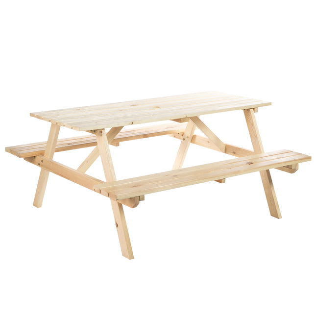 4 Seater Fir Wood Picnic Table Bench with Parasol Cutout - Brown