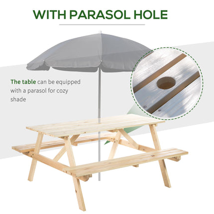 4 Seater Fir Wood Picnic Table Bench with Parasol Cutout - Brown