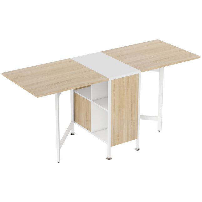 Foldable Dining Table with Storage Shelves and Drop-Leaf Workstation for Small Spaces - Oak & White