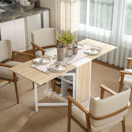 Foldable Dining Table with Storage Shelves and Drop-Leaf Workstation for Small Spaces - Oak & White