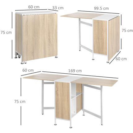 Foldable Dining Table with Storage Shelves and Drop-Leaf Workstation for Small Spaces - Oak & White