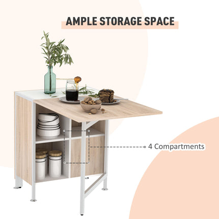 Foldable Dining Table with Storage Shelves and Drop-Leaf Workstation for Small Spaces - Oak & White