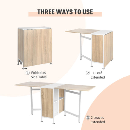 Foldable Dining Table with Storage Shelves and Drop-Leaf Workstation for Small Spaces - Oak & White