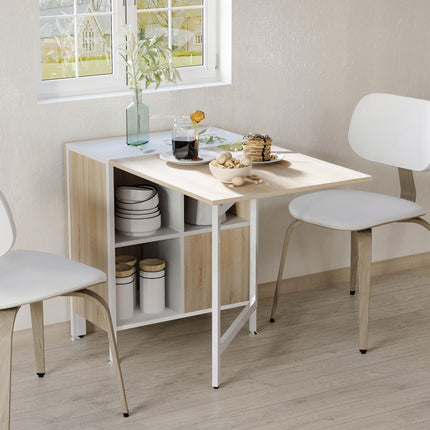 Foldable Dining Table with Storage Shelves and Drop-Leaf Workstation for Small Spaces - Oak & White