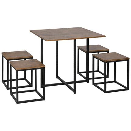 5 PCS Industrial Metal Frame Table & Stool Set Compact Square Seating - Black Brown