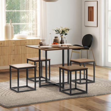 5 PCS Industrial Metal Frame Table & Stool Set Compact Square Seating - Black Brown
