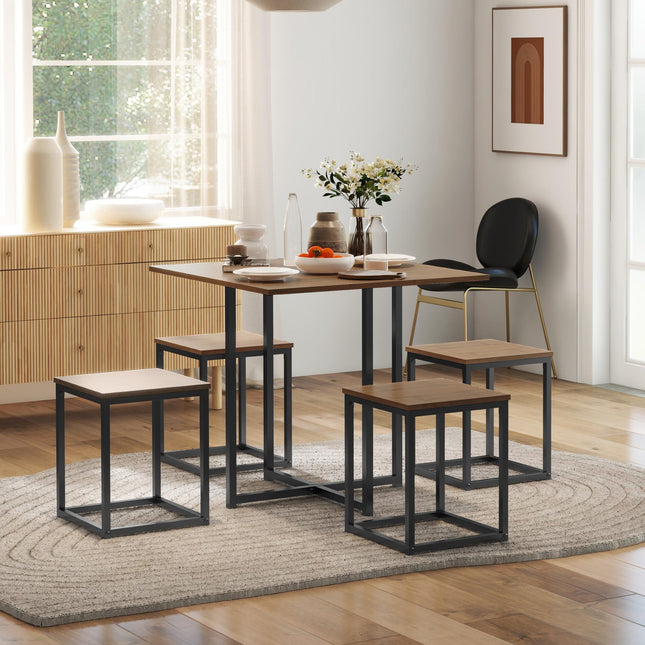 5 PCS Industrial Metal Frame Table & Stool Set Compact Square Seating - Black Brown