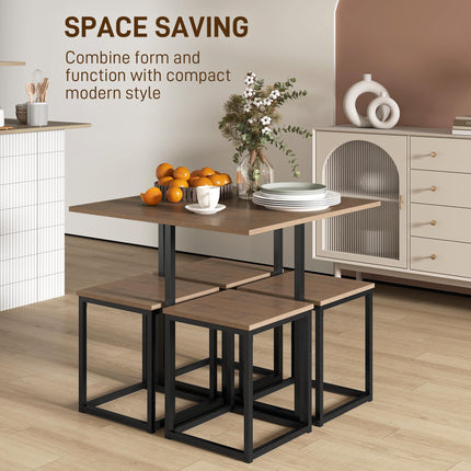 5 PCS Industrial Metal Frame Table & Stool Set Compact Square Seating - Black Brown