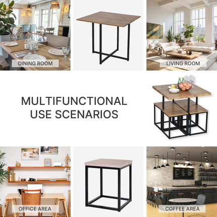 5 PCS Industrial Metal Frame Table & Stool Set Compact Square Seating - Black Brown