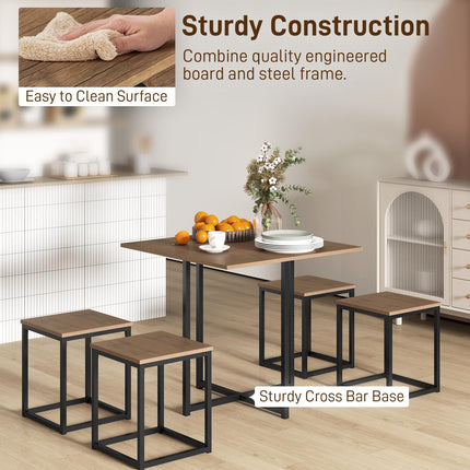 5 PCS Industrial Metal Frame Table & Stool Set Compact Square Seating - Black Brown