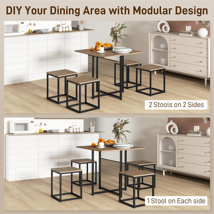5 PCS Industrial Metal Frame Table & Stool Set Compact Square Seating - Black Brown