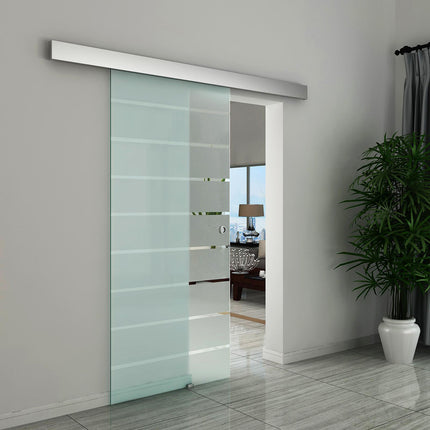 Tempered Glass Sliding Barn Door Kit with Aluminum-Alloy Rail and Handle - Frosted Stripes