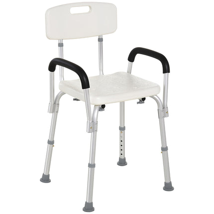 Adjustable Shower Chair with Backrest and Armrests, Portable Medical Stool for Mobility - White