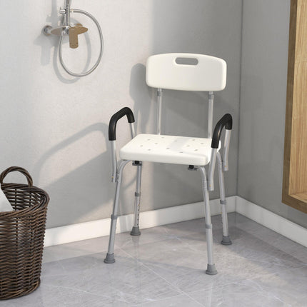 Adjustable Shower Chair with Backrest and Armrests, Portable Medical Stool for Mobility - White