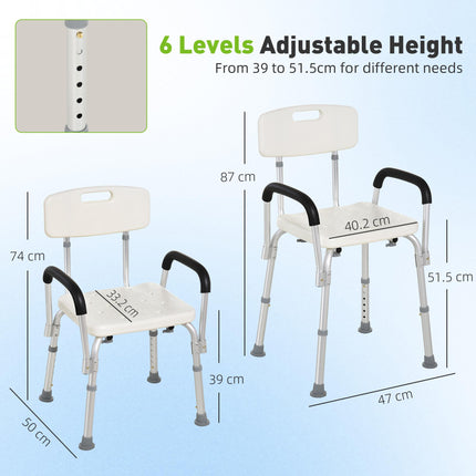 Adjustable Shower Chair with Backrest and Armrests, Portable Medical Stool for Mobility - White