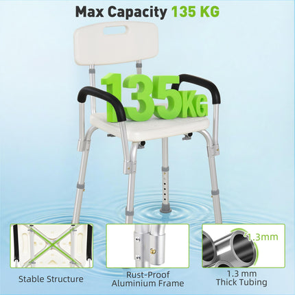 Adjustable Shower Chair with Backrest and Armrests, Portable Medical Stool for Mobility - White