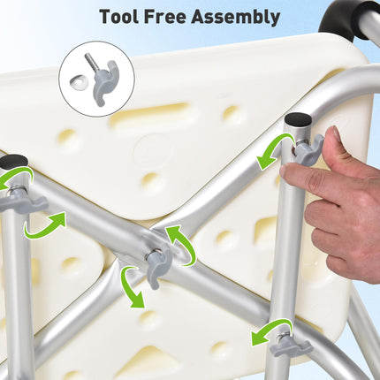 Adjustable Shower Chair with Backrest and Armrests, Portable Medical Stool for Mobility - White