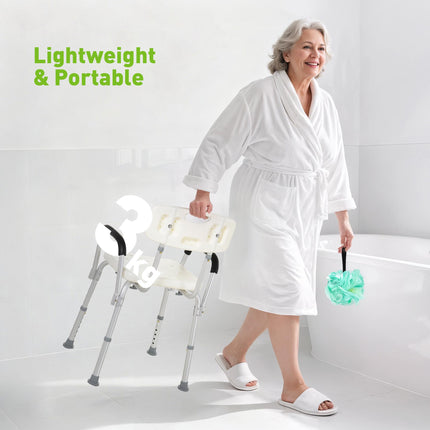 Adjustable Shower Chair with Backrest and Armrests, Portable Medical Stool for Mobility - White